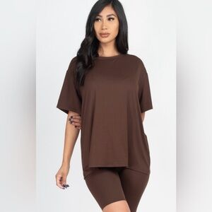 Chocolate Brown Lounge Set 2-Piece Short Sleeve Oversized Top & Biker Shorts